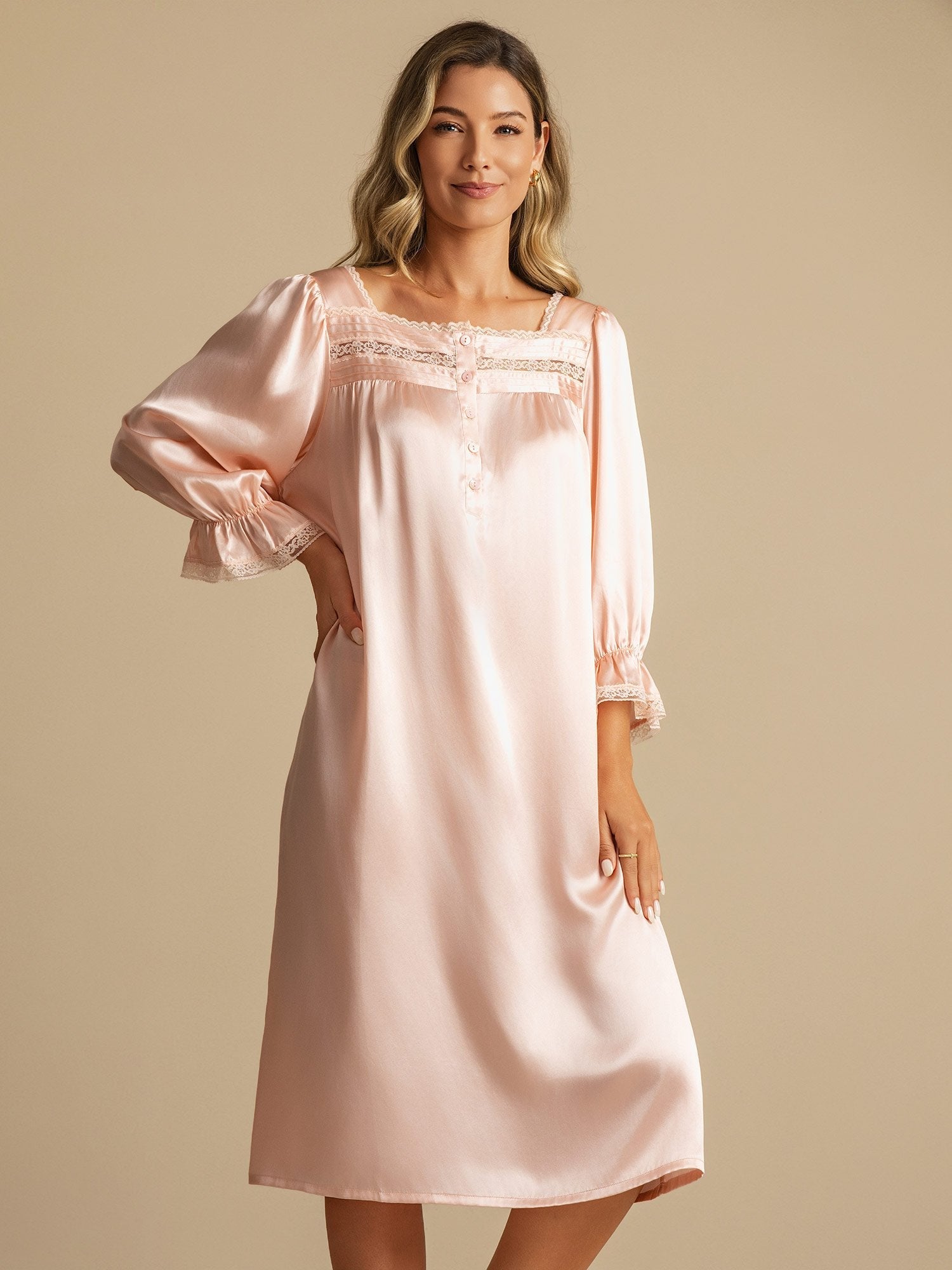 [LightPink] SilkSilky-CA Pure Silk Square Neck Nightgown 003