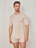 SilkSilky-CA Silk Knitted Short Sleeve Round Neck Men's T-Shirt Beige 001