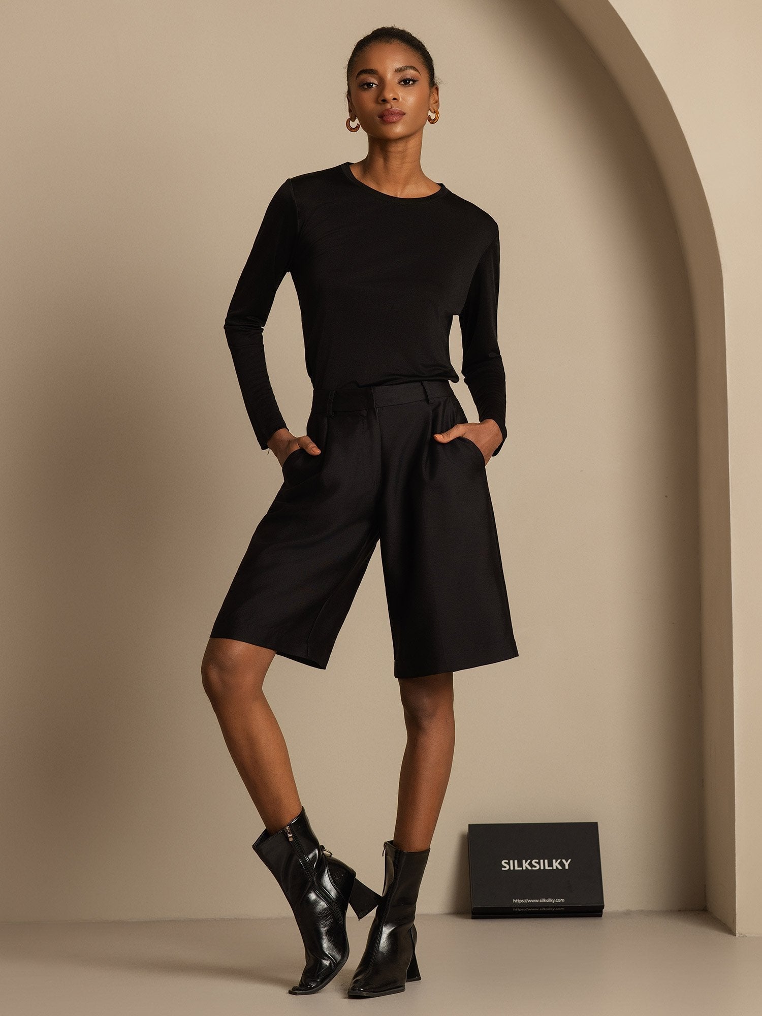 [Black] SilkSilky-CA 32Momme Silk-Wool Blend Womens Shorts 005,