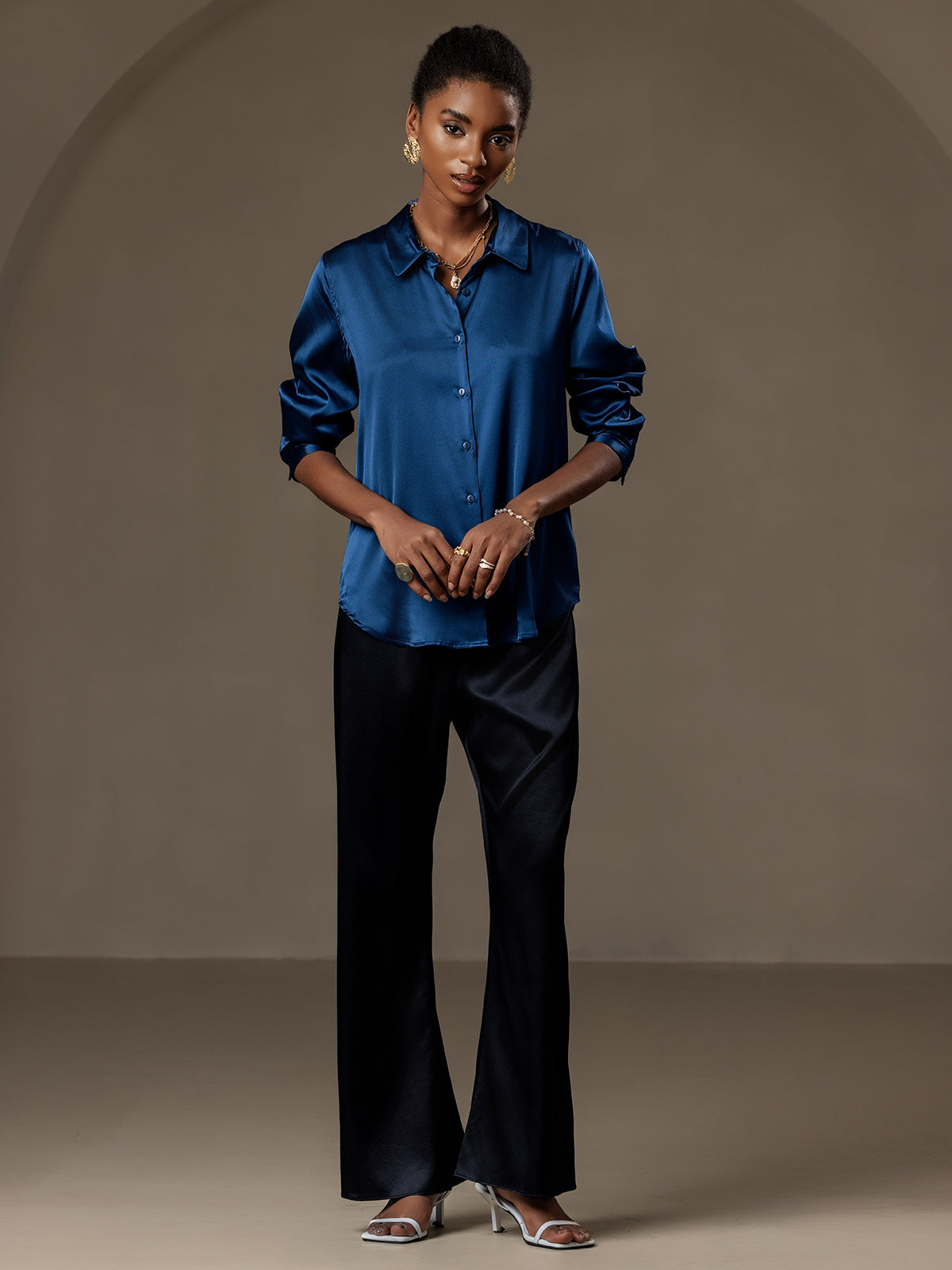 [Teal] SilkSilky-CA 19Momme Stretch Silk Charmeuse Long Sleeve Lapel Collar Women's Shirt 005