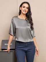 [Dark Gray] SilkSilky-CA Half Sleeve Scoop Neck Women's T-Shirt 005