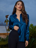 SilkSilky CA Silk Long Sleeve Collar Women's Shirt Teal 005