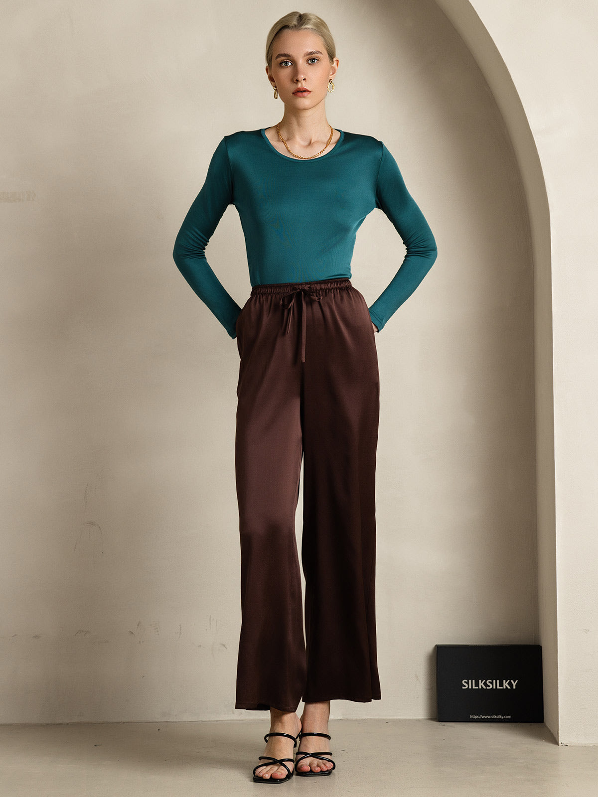 [Coffee] SilkSilky-CA Pure Silk Womens Pants 006