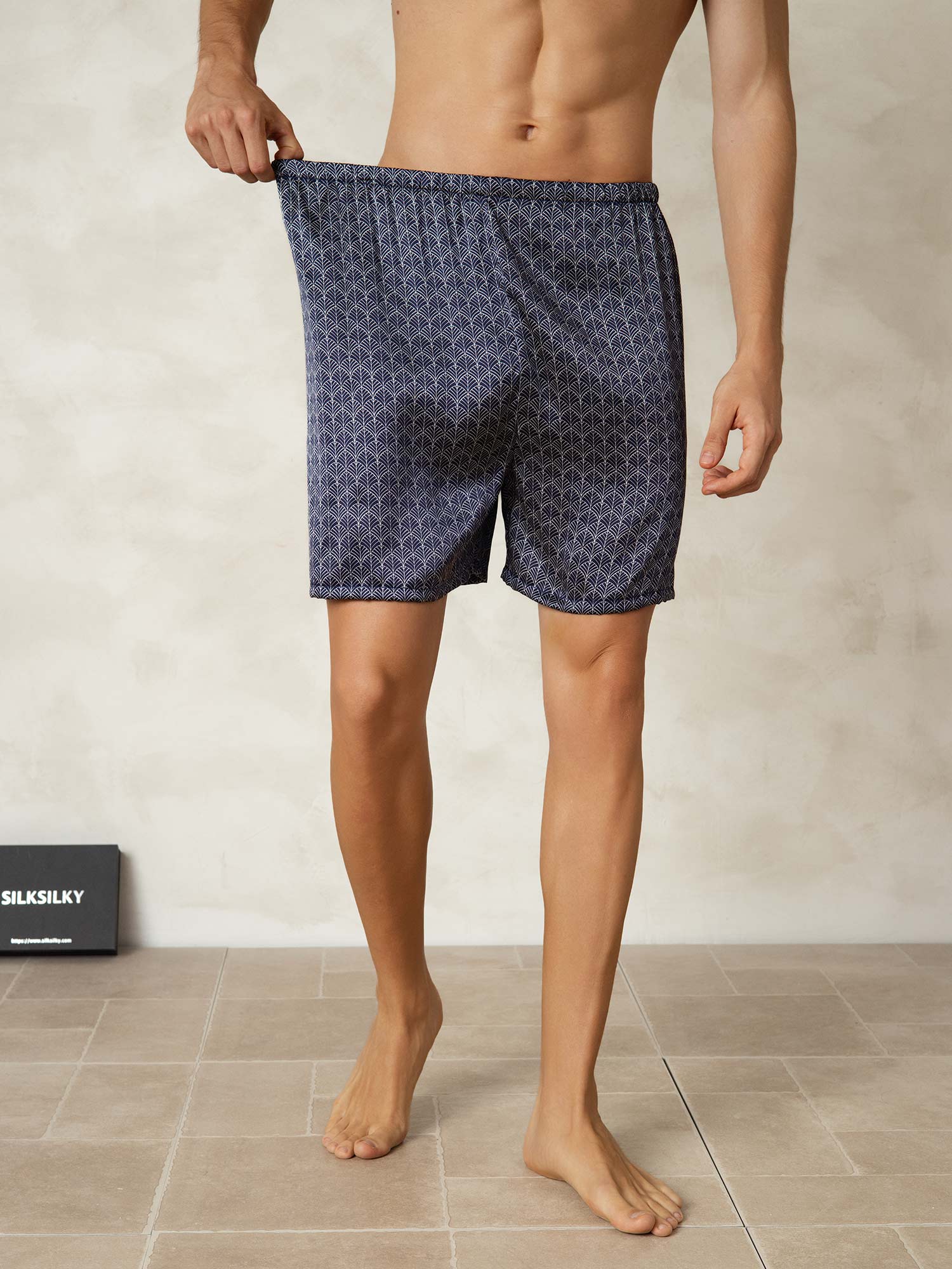 [Navy Ginkgo] SilkSilky-CA 19Momme Pure Silk Mens Sleep Bottoms 004