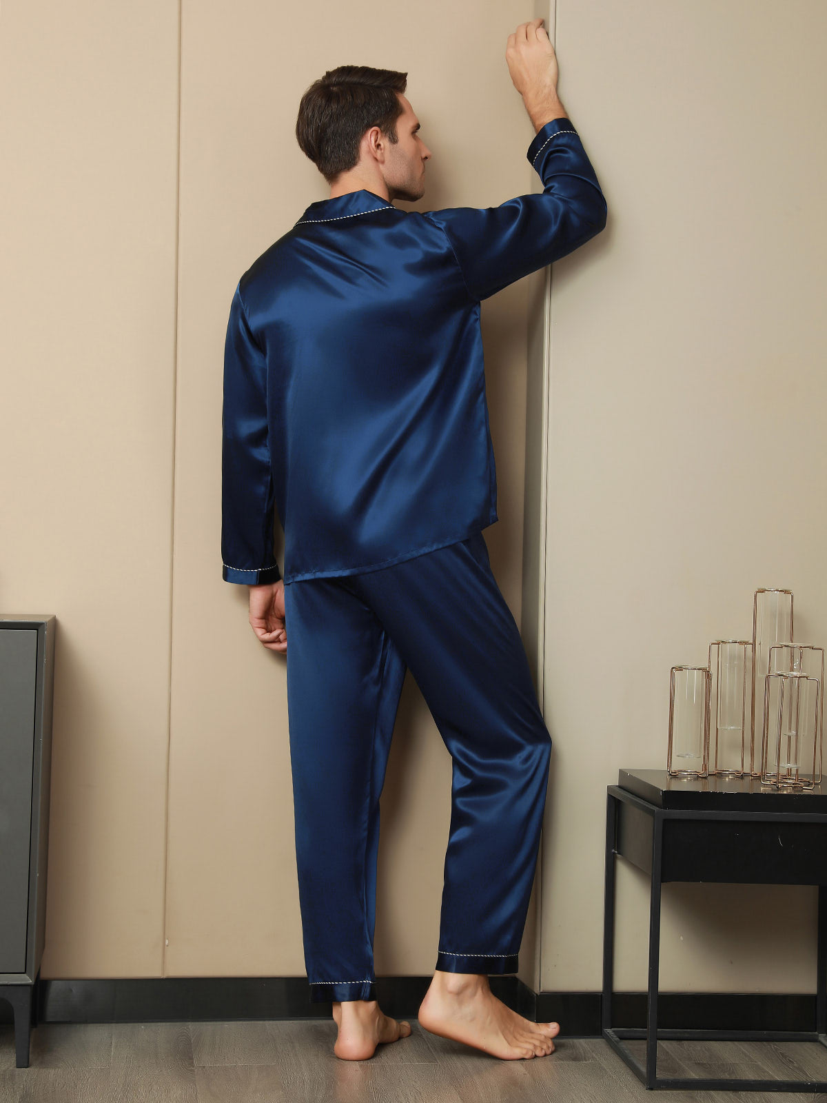 SilkSilky CA Pure Silk Long Sleeve Lapel Men's Pajamas DarkBlue 002