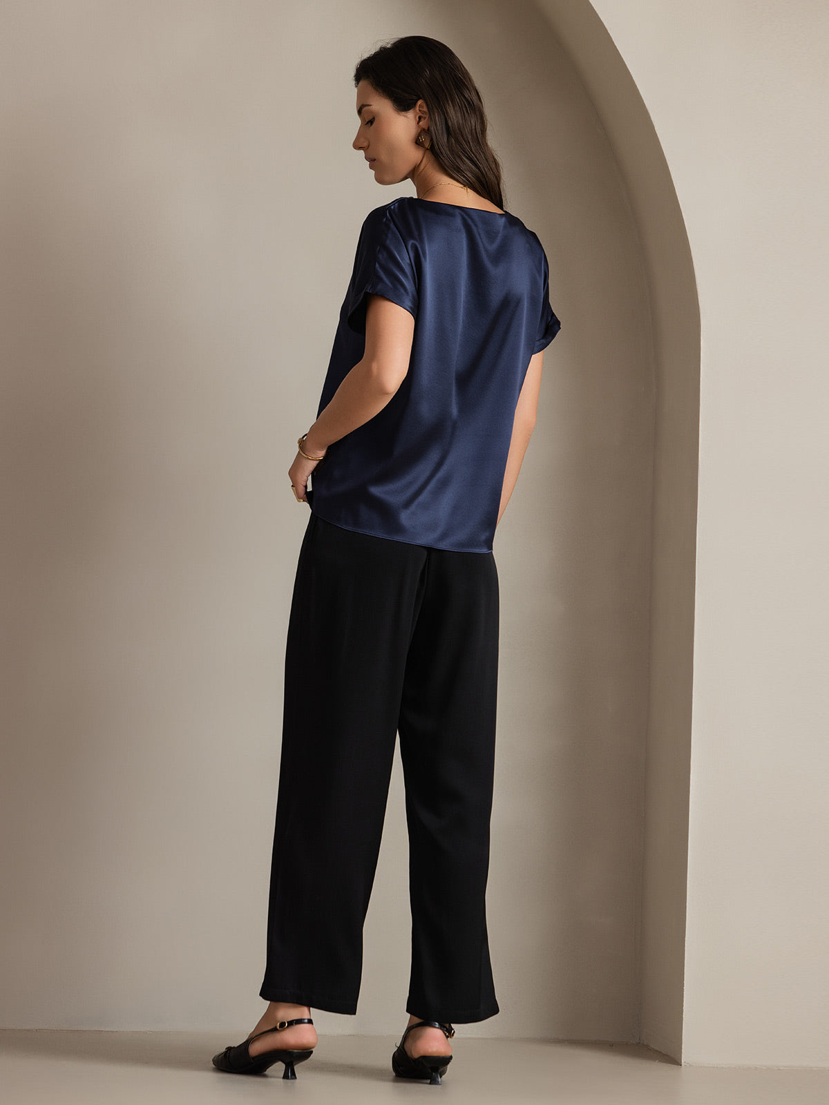 [Dark Blue] SilkSilky-CA 19Momme Silk Round Neck Women's T-Shirt 002,