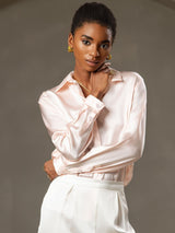 [Pink] SilkSilky-CA 19Momme Stretch Silk Charmeuse Long Sleeve Lapel Collar Women's Shirt 003