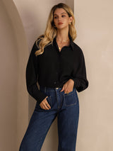 [Black] SilkSilky-CA Long Sleeve Lapel Collar Women's Shirt 005
