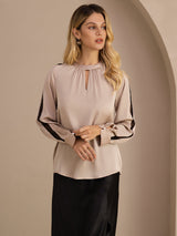 [Tan] SilkSilky-CA Long Sleeve Keyhole Neck Women's Blouse 003