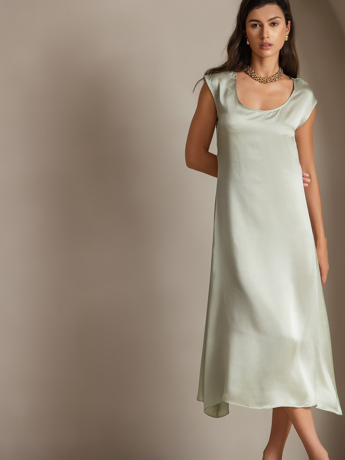 [Light Green] SilkSilky-CA 19Momme Silk Cap Sleeve Round Neck Dress 003