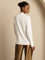 [White] SilkSilky-CA 19Momme Stretch Silk Charmeuse Long Sleeve Tie Neck Blouse 003