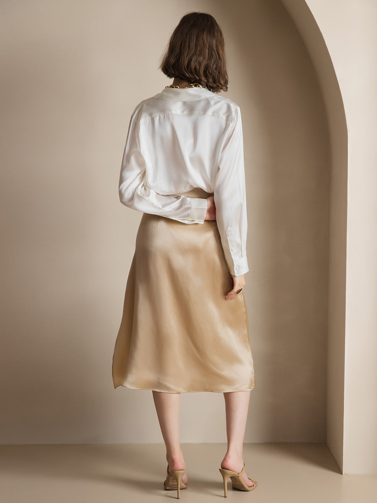 [White] SilkSilky-CA Silk Long Sleeve Lapel Collar Women's Shirt 002