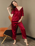 SilkSilky CA Pure Silk Short Sleeve Lapel Women's Pajamas Wine 001