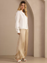 [White] SilkSilky-CA Long Sleeve Split Women's Blouse 005