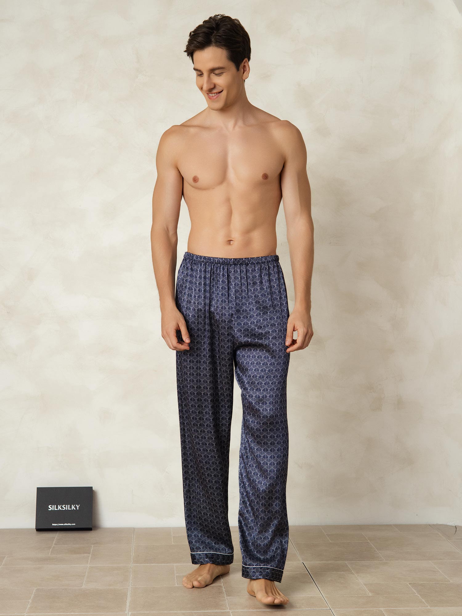 [Navy Ginkgo] SilkSilky-CA Pure Silk Mens Sleep Bottoms 005