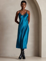 [Teal] SilkSilky-CA Spaghetti Strap V Neck Dress 005