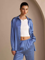 [Blue Pinstripe] SilkSilky-CA Long Sleeve Lapel Collar Women's Outfit Sets 005