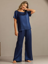 [Dark Blue] SilkSilky-CA 19Momme Machine-Washable Silk Short Sleeve Women's Pajamas 006