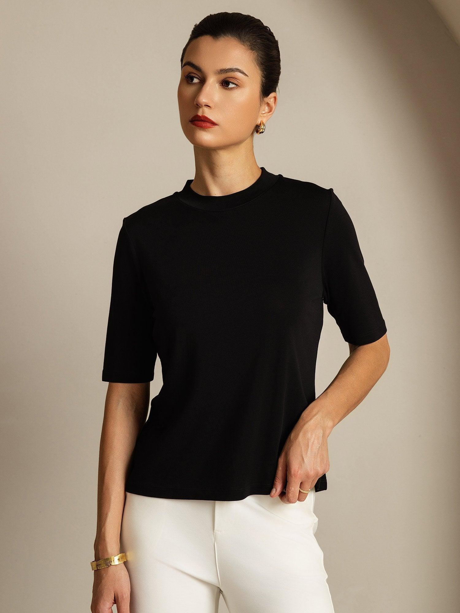 [Black] SilkSilky-CA Pure Silk Round Neck Women's T-Shirt 006