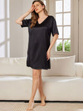 SilkSilky-CA Pure Silk Short Sleeve V Neck Nightgown Black 005