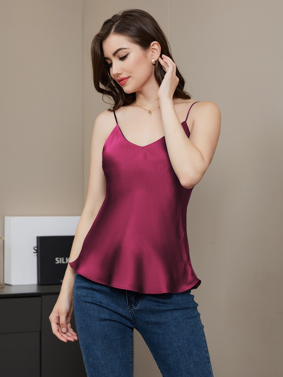 [Fuchsia] SilkSilky-CA Pure Silk Sleeveless V Neck Camisole 005