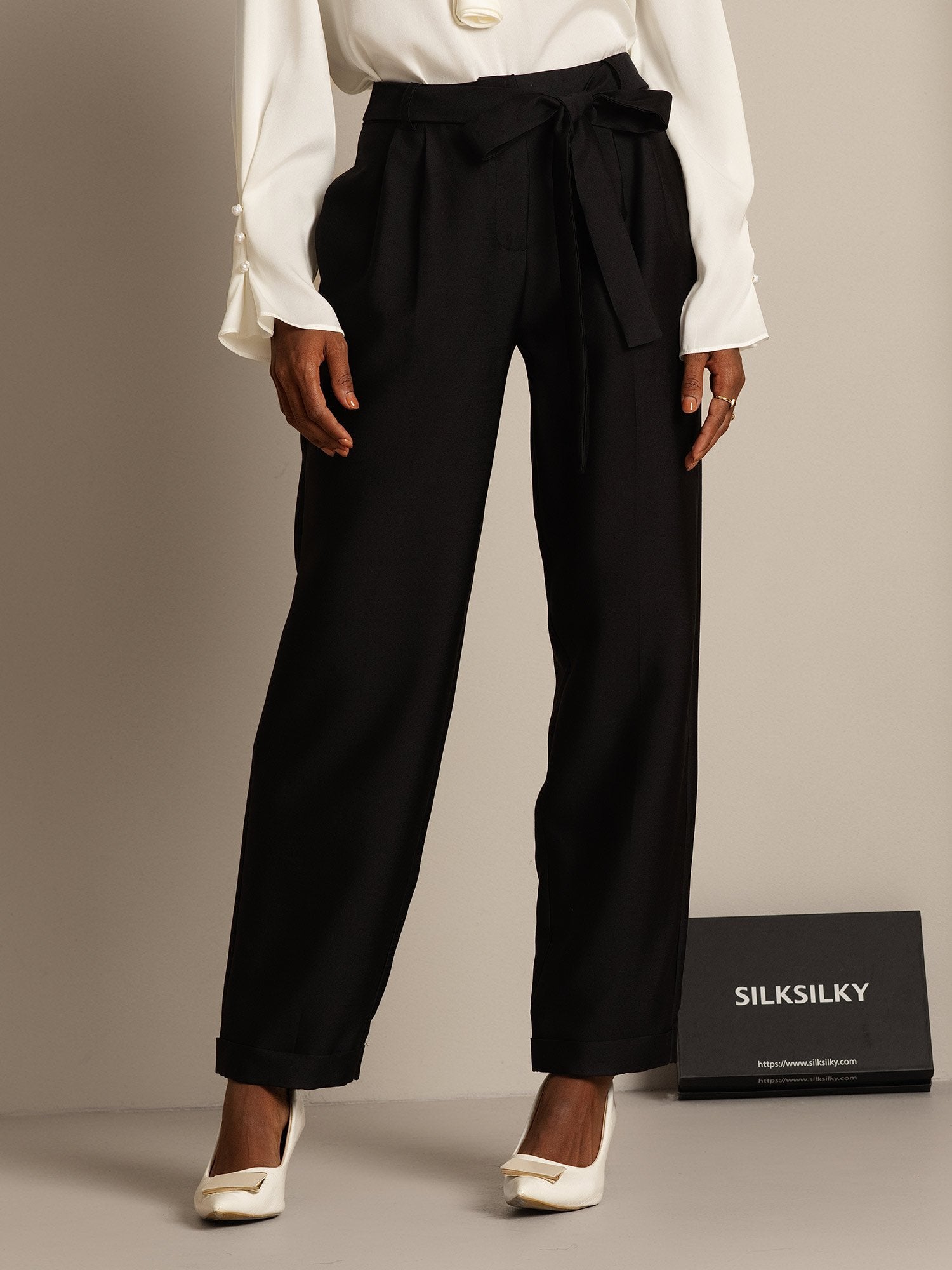 [Black] SilkSilky-CA 32Momme Silk-Wool Blend Womens Pants 006,