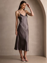 [Dark Khaki] SilkSilky-CA Spaghetti Strap V Neck Dress 007
