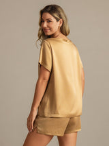 [Tan] SilkSilky-CA 19Momme Machine-Washable Silk Short Sleeve Round Neck Women's Pajamas 002