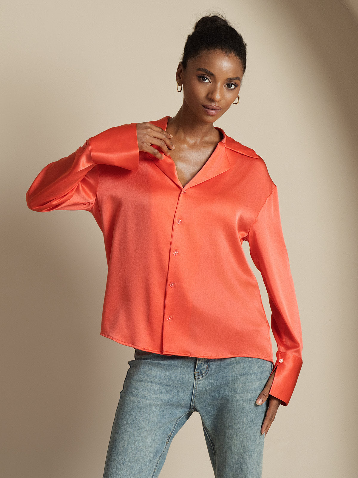 [Imperial Red] SilkSilky-CA 19Momme Silk Notch Collar Women's Shirt 007