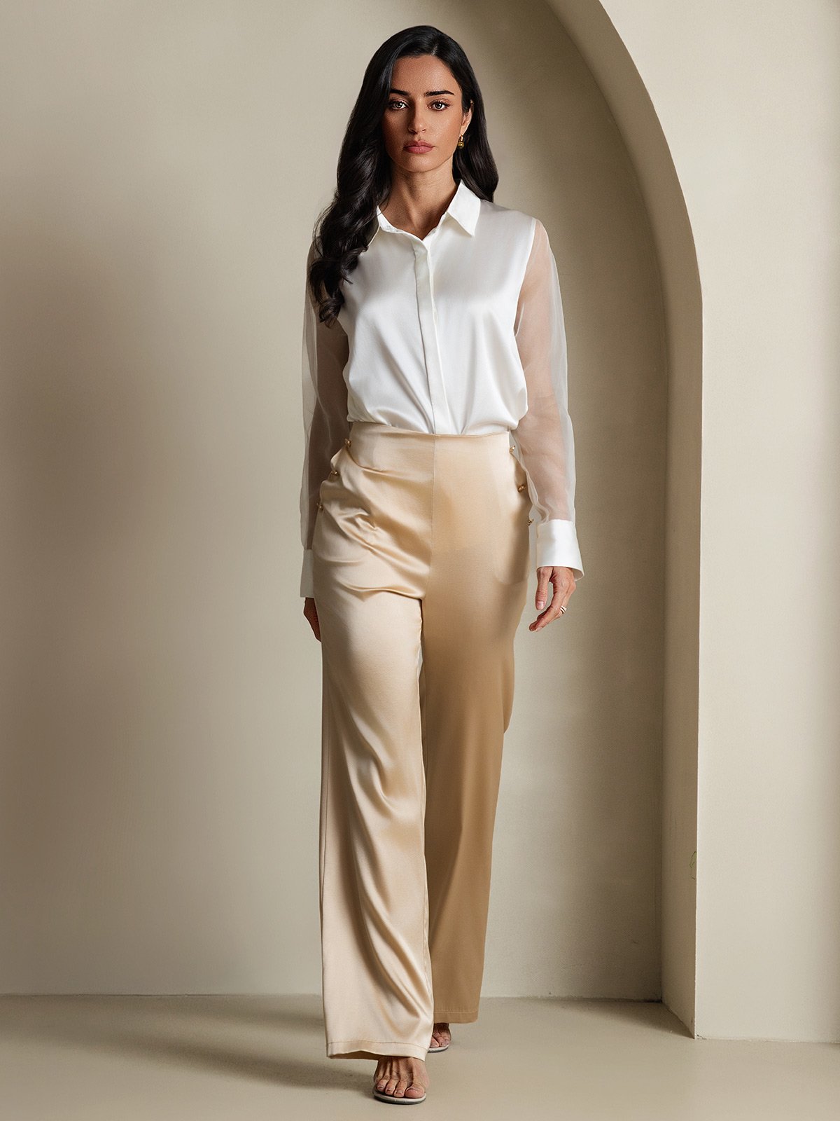 [White] SilkSilky-CA 19Momme Silk Lapel Collar Women's Shirt 006