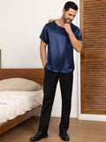 SilkSilky CA Pure Silk Short Sleeve Round Neck Men's T Shirt DarkBlue 004