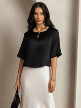 [Black] SilkSilky-CA Half Sleeve Scoop Neck Women's T-Shirt 001