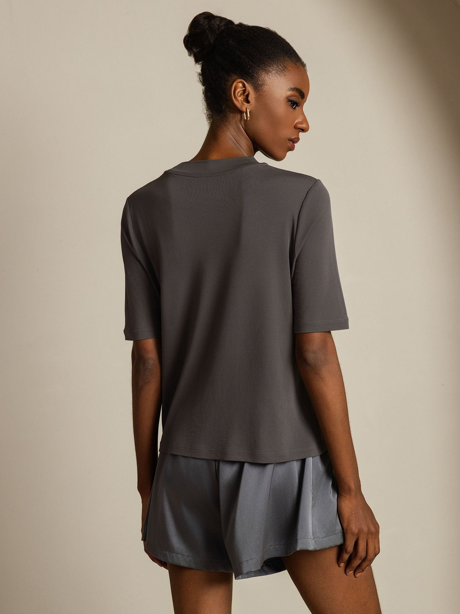 [Gray] SilkSilky-CA Pure Silk Round Neck Women's T-Shirt 002