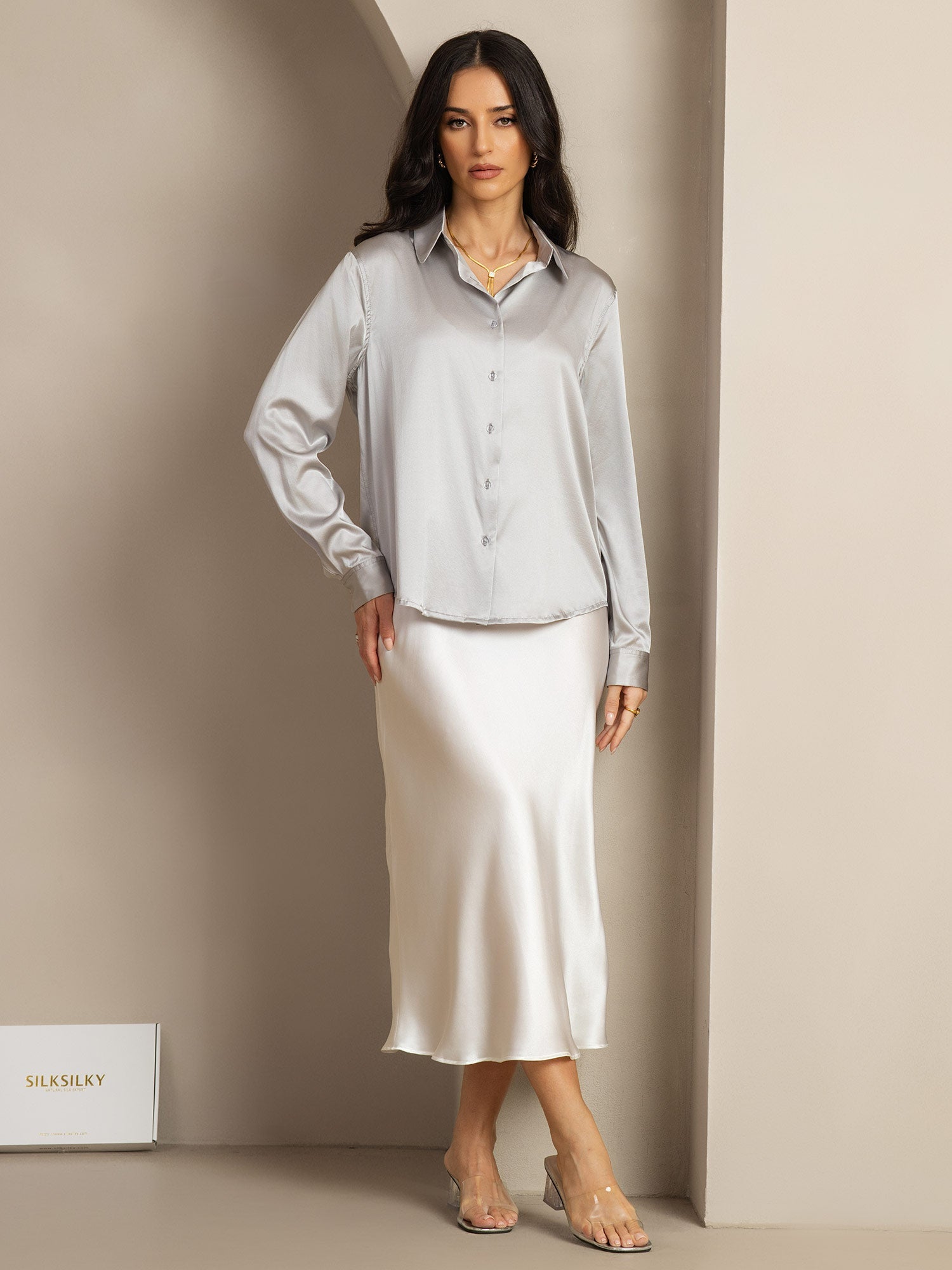 [Light Gray] SilkSilky-CA Silk Lapel Collar Women's Shirt 004