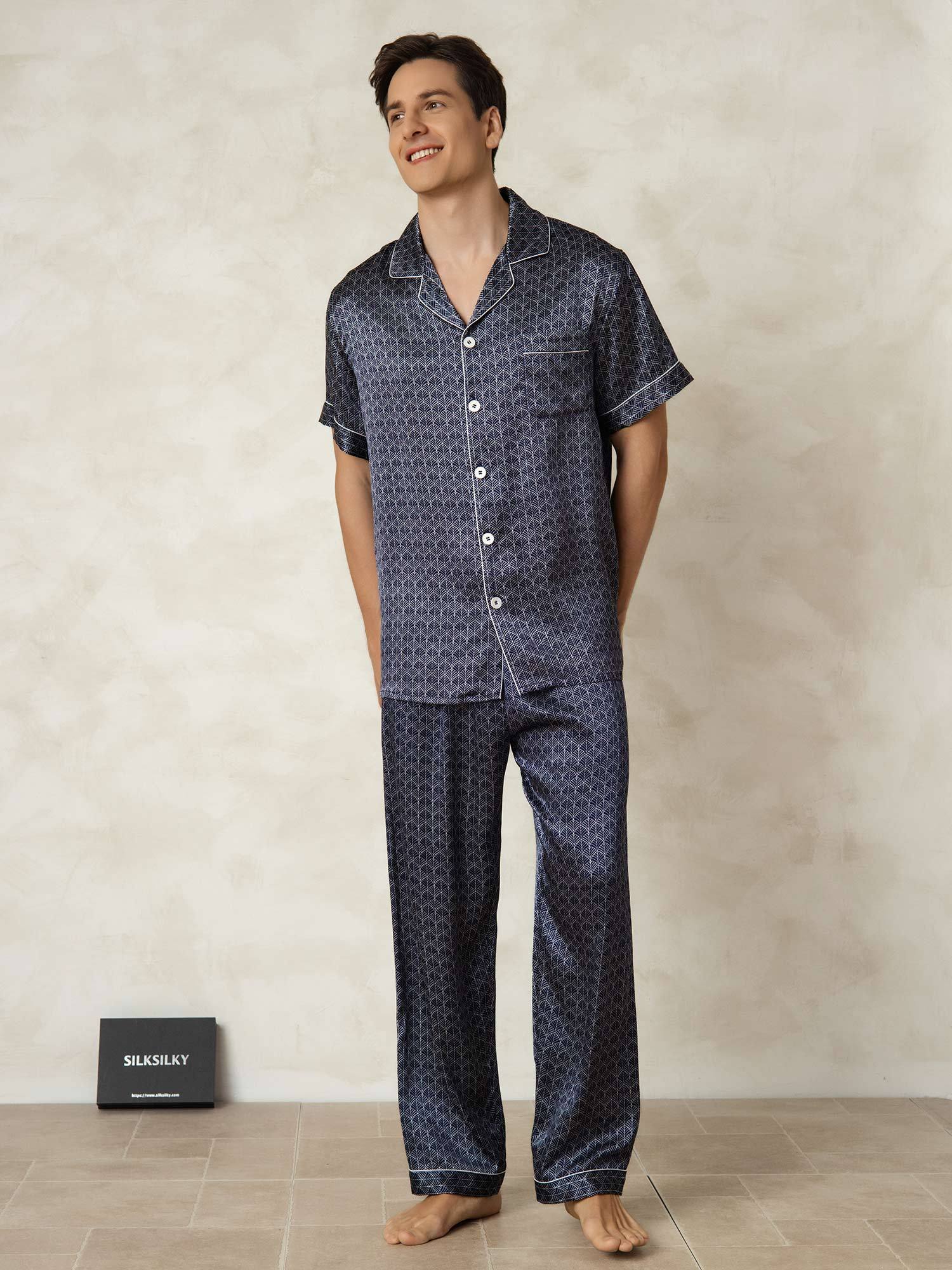 [NavyGinkgo] SilkSilky-CA Pure Silk Lapel Collar Men's Pajamas 001