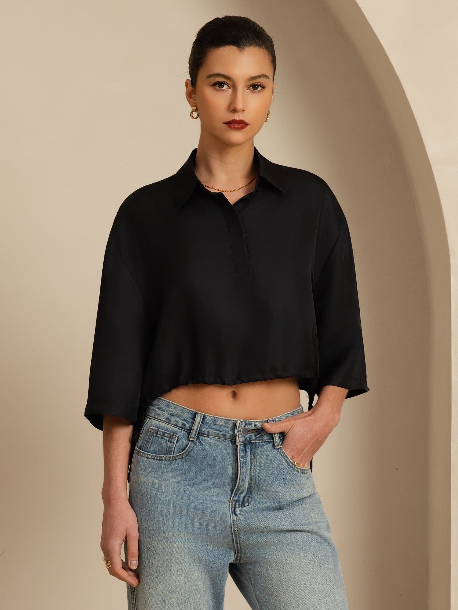 [Black] SilkSilky-CA 18Momme Silk Satin Surah Half Sleeve Lapel Collar Blouse 004