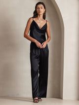[Black] SilkSilky-CA 19Momme Stretch Silk Charmeuse Spaghetti Strap Cowl Neck Camisole 008