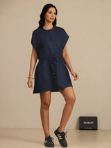 [Dark Blue] SilkSilky-CA 18Momme Silk Satin Surah Cap Sleeve Henley Neck Dress 007