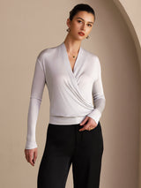 [Gray] SilkSilky-CA Long Sleeve Wrap Women's Blouse 003
