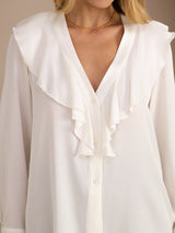 [White] SilkSilky-CA Long Sleeve Deep V Neck Women's Blouse 004