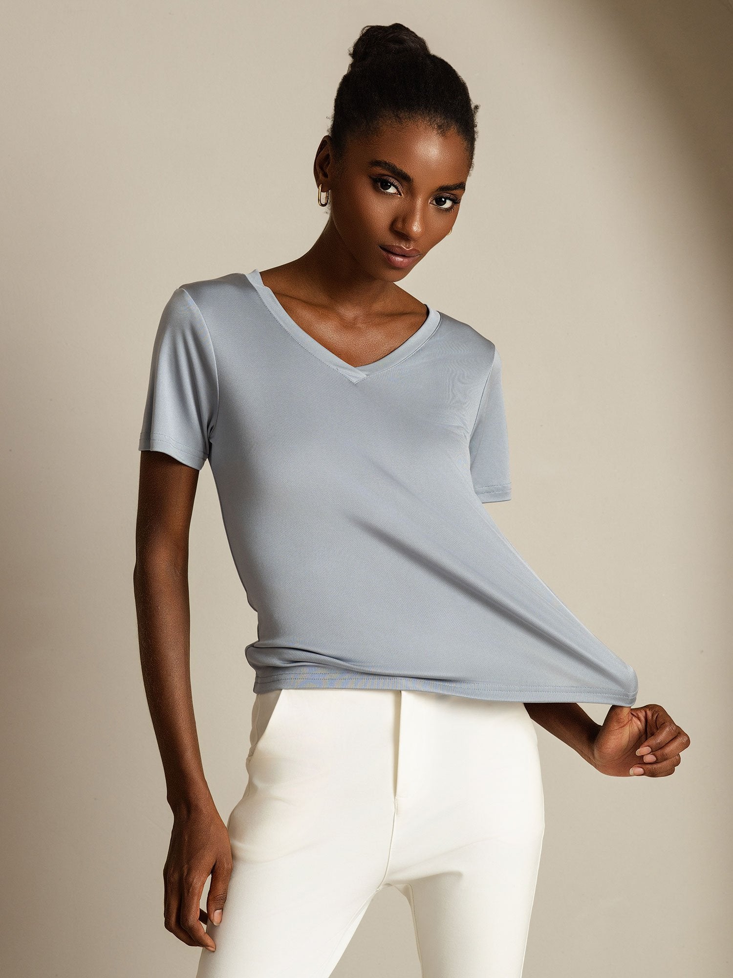 [LightGray] SilkSilky-CA Pure Silk V Neck Women's T-Shirt 006