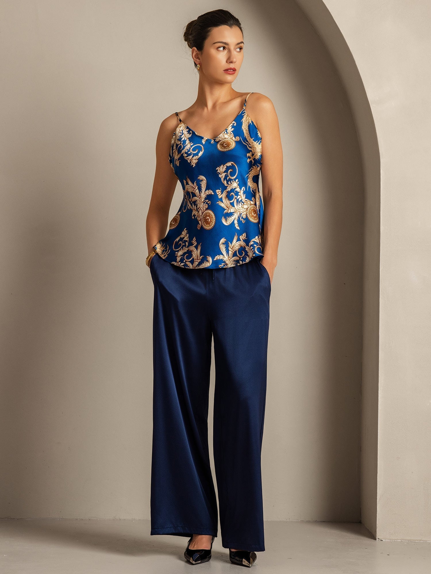 [Navy Dragon] SilkSilky-CA Pure Silk V Neck Camisole 008,