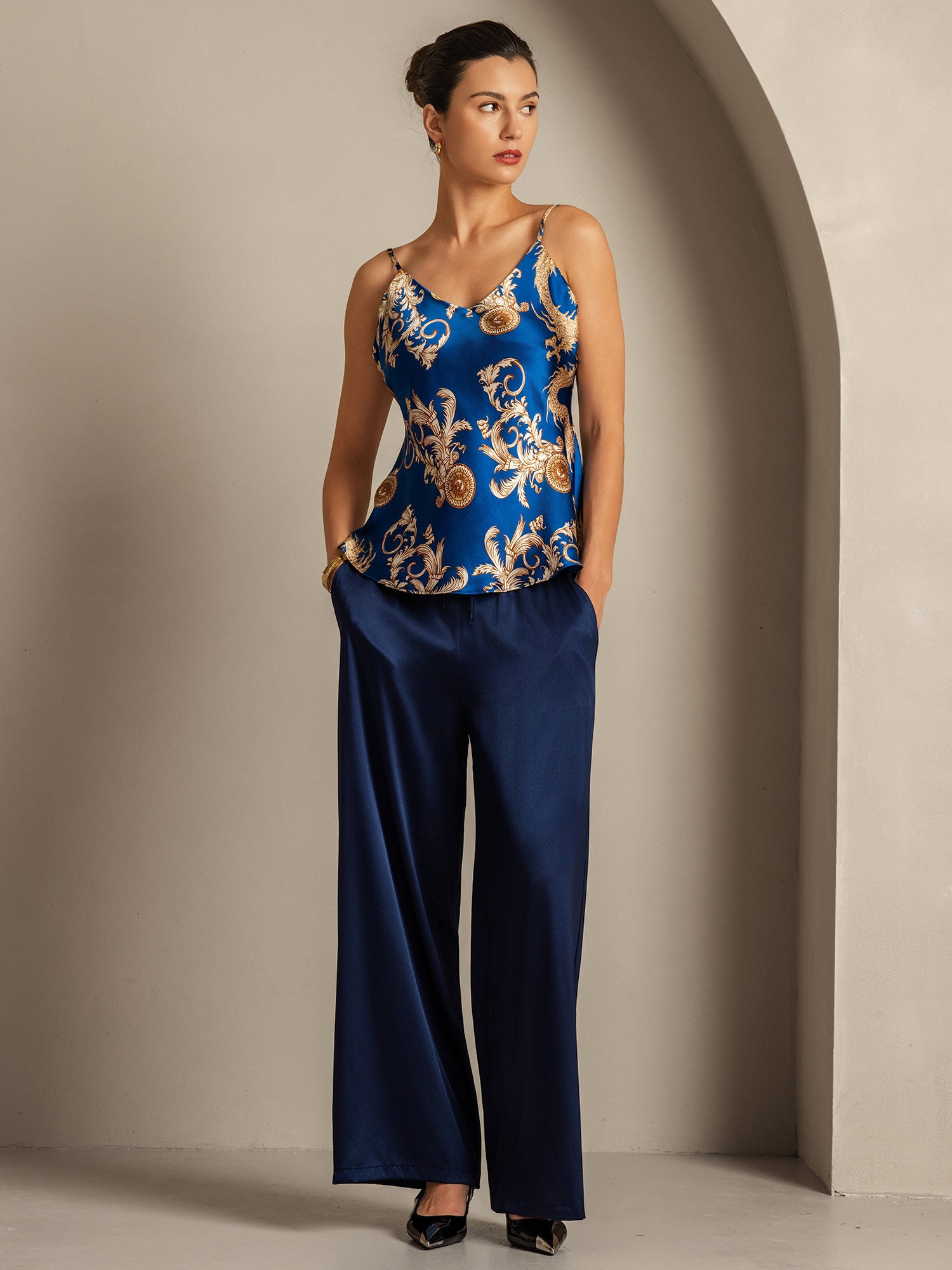 [Navy Dragon] SilkSilky-CA Pure Silk V Neck Camisole 008