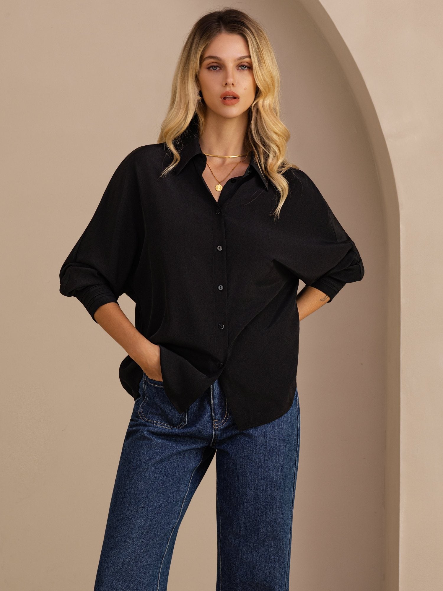 [Black] SilkSilky-CA Long Sleeve Lapel Collar Women's Shirt 001