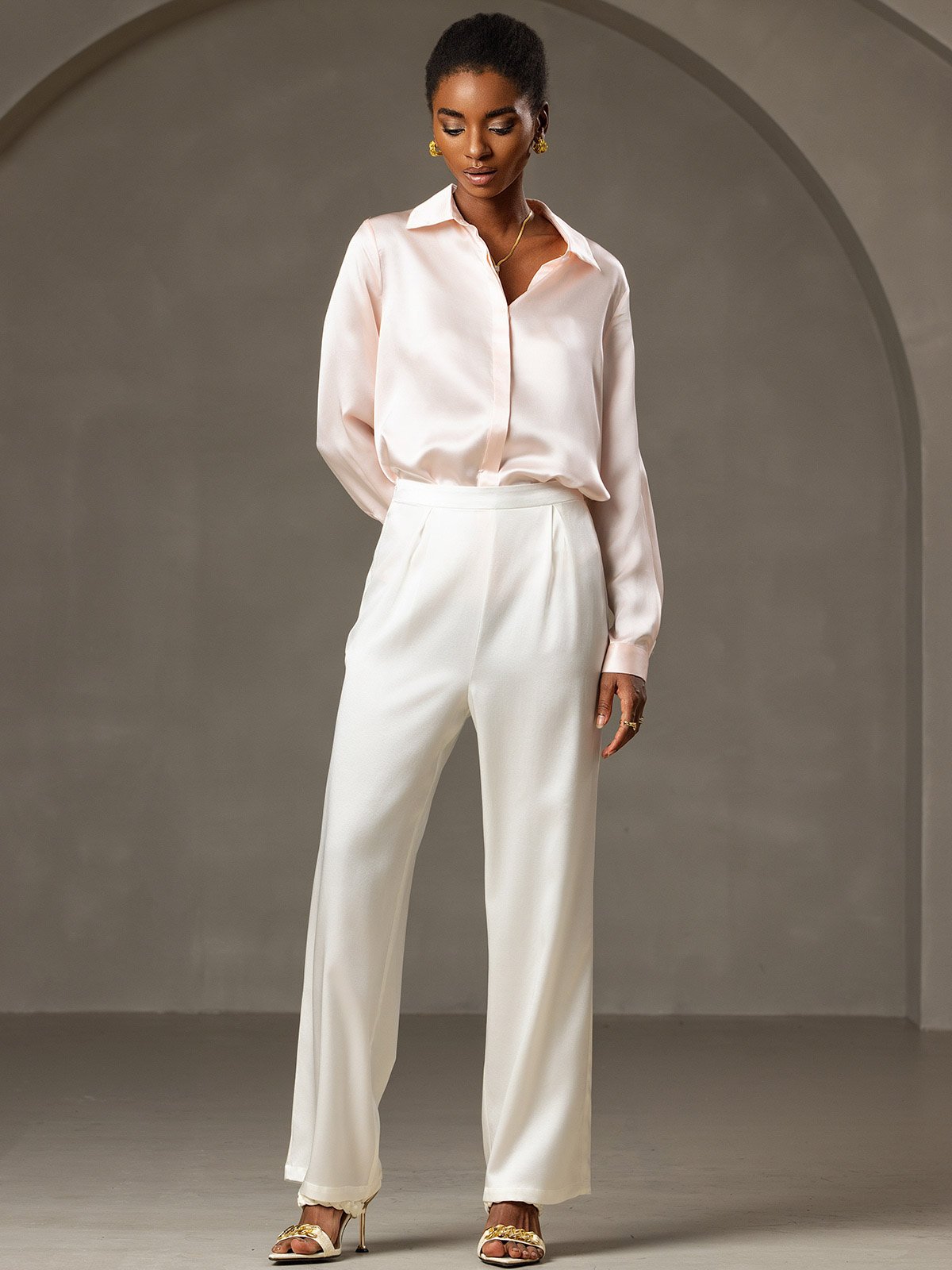 [Pink] SilkSilky-CA 19Momme Silk Long Sleeve Lapel Collar Women's Shirt 006