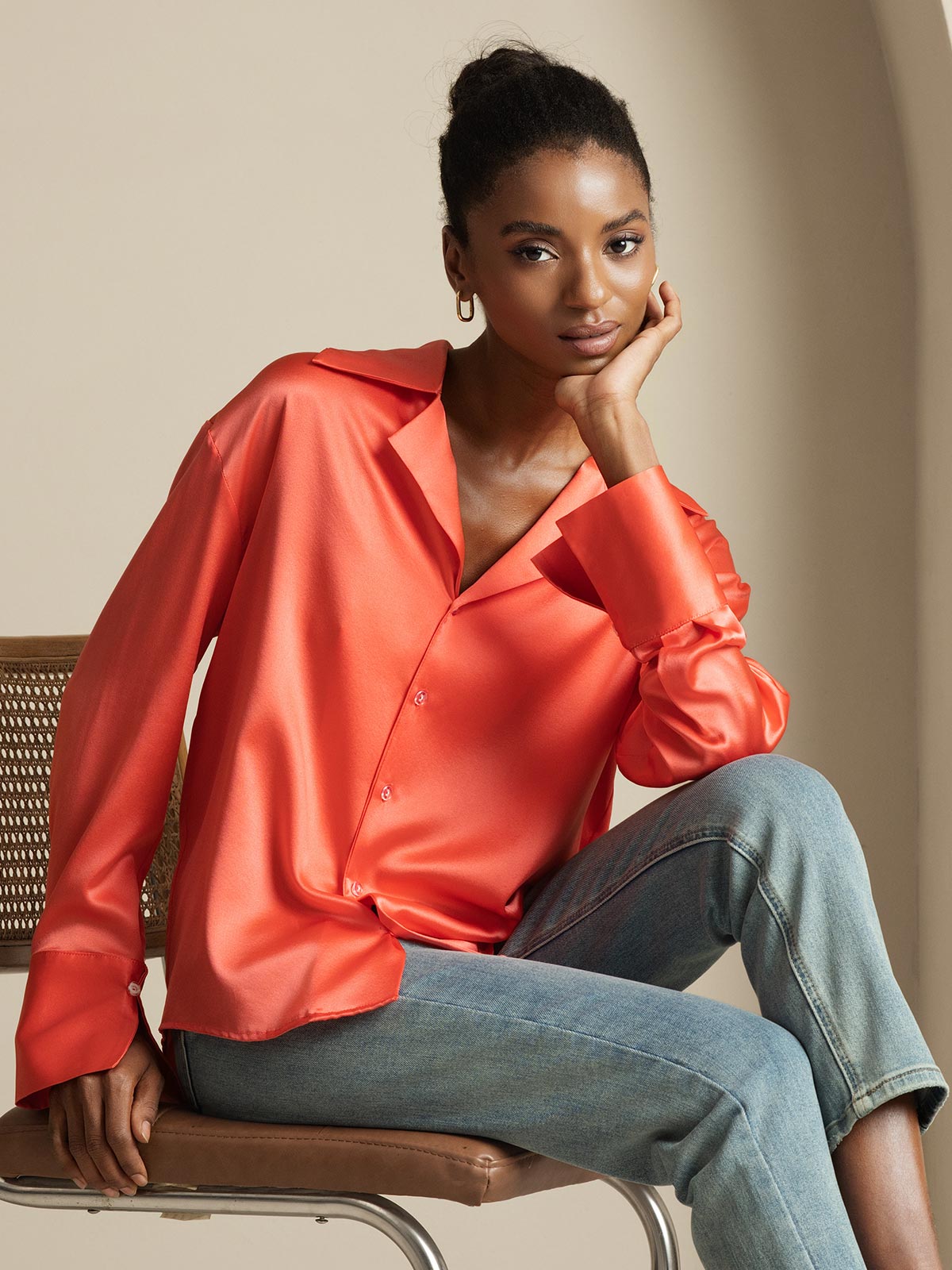 [Imperial Red] SilkSilky-CA 19Momme Silk Notch Collar Women's Shirt 001