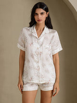 [Cream Floral] SilkSilky-CA Short Sleeve Notch Collar Women's Pajamas 001