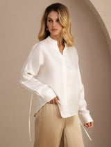 [White] SilkSilky-CA Long Sleeve Split Women's Blouse 003