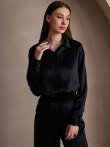 [Black] SilkSilky-CA 19Momme Stretch Silk Charmeuse Long Sleeve Lapel Collar Women's Shirt 001