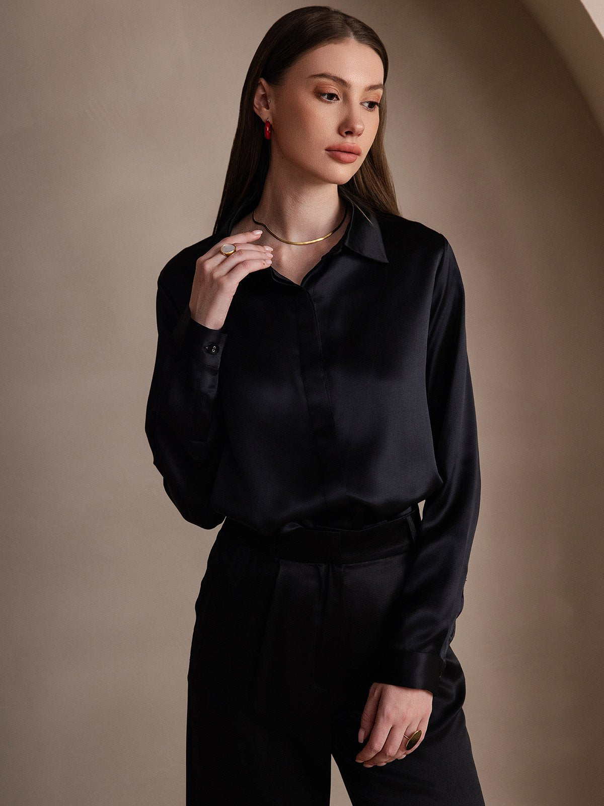 [Black] SilkSilky-CA 19Momme Silk Long Sleeve Lapel Collar Women's Shirt 001